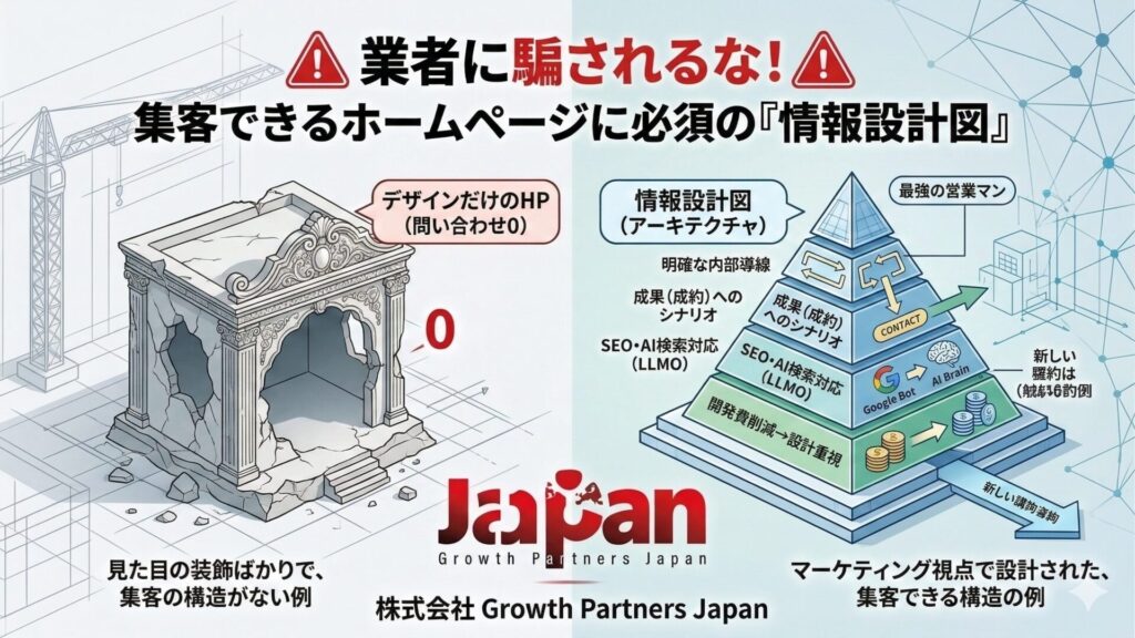 集客できるホームページに必須の「情報設計図」を解説した比較図解。左側には見た目の装飾ばかりで集客構造がなく問い合わせが0の「デザインだけのHP（廃墟）」、右側には明確な内部導線、成果へのシナリオ、SEO・AI検索対応（LLMO）の層が積み重なった「マーケティング視点で設計された集客できる構造のピラミッド」を描写し、設計の重要性を対比させています。