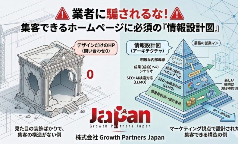 集客できるホームページに必須の「情報設計図」を解説した比較図解。左側には見た目の装飾ばかりで集客構造がなく問い合わせが0の「デザインだけのHP（廃墟）」、右側には明確な内部導線、成果へのシナリオ、SEO・AI検索対応（LLMO）の層が積み重なった「マーケティング視点で設計された集客できる構造のピラミッド」を描写し、設計の重要性を対比させています。