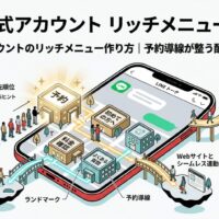 「LINE公式アカウントのリッチメニュー作り方」記事のアイキャッチ画像。スマホ画面上のリッチメニュー（予約、初めての方へ、料金確認、よくある質問）から、WebサイトやFAQページへシームレスに連動する導線を描いた図解。視線の「Zの法則」に基づいた優先順位設計により、ユーザーが迷わず予約へと進む仕組みを表現。