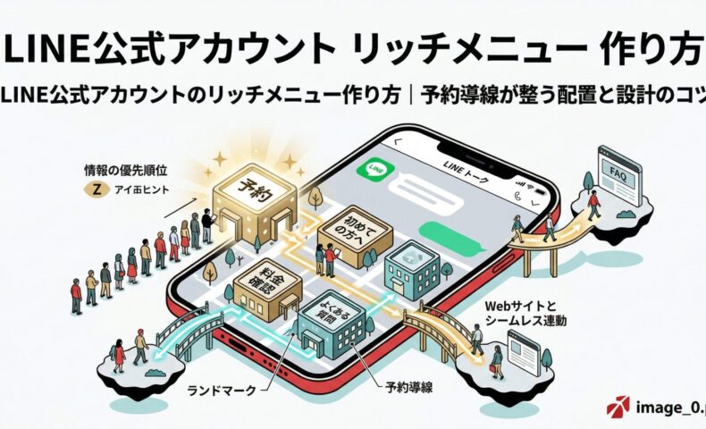 「LINE公式アカウントのリッチメニュー作り方」記事のアイキャッチ画像。スマホ画面上のリッチメニュー（予約、初めての方へ、料金確認、よくある質問）から、WebサイトやFAQページへシームレスに連動する導線を描いた図解。視線の「Zの法則」に基づいた優先順位設計により、ユーザーが迷わず予約へと進む仕組みを表現。
