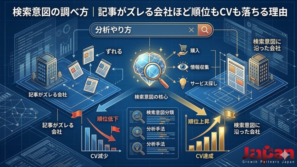 検索意図の調べ方を、記事がズレる会社と検索意図に沿った会社の違い、順位低下とCV達成の差を図解で表現したアイキャッチ画像