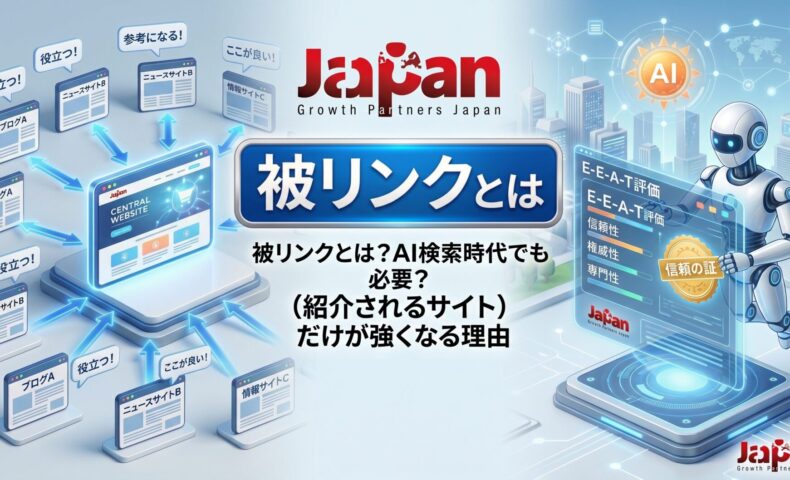 被リンクとは何かを、外部サイトから中央サイトへ評価が集まる構図とAI検索時代のE-E-A-T評価で表現したアイキャッチ画像
