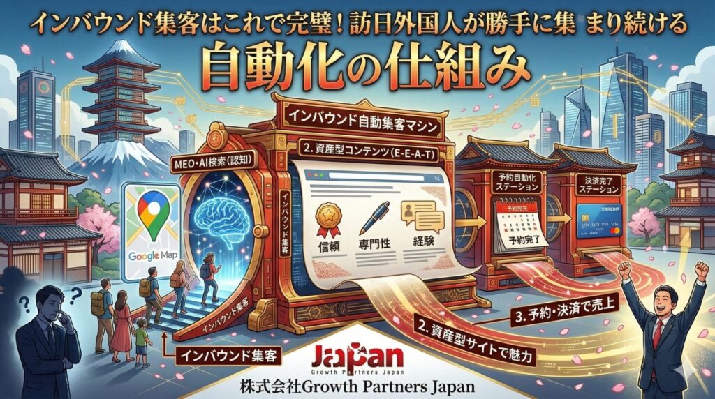 インバウンド集客を自動化する仕組みの図解。左側のGoogleマップやAI検索で外国人観光客の認知を獲得し、中央のE-E-A-Tを満たす資産型コンテンツで魅力を伝え、右側の予約自動化・決済完了ステーションを通じて売上に繋がるまでの流れを解説したインフォグラフィック。
