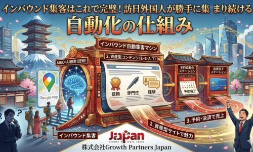 インバウンド集客を自動化する仕組みの図解。左側のGoogleマップやAI検索で外国人観光客の認知を獲得し、中央のE-E-A-Tを満たす資産型コンテンツで魅力を伝え、右側の予約自動化・決済完了ステーションを通じて売上に繋がるまでの流れを解説したインフォグラフィック。