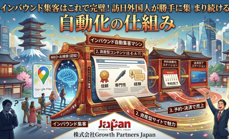 インバウンド集客を自動化する仕組みの図解。左側のGoogleマップやAI検索で外国人観光客の認知を獲得し、中央のE-E-A-Tを満たす資産型コンテンツで魅力を伝え、右側の予約自動化・決済完了ステーションを通じて売上に繋がるまでの流れを解説したインフォグラフィック。