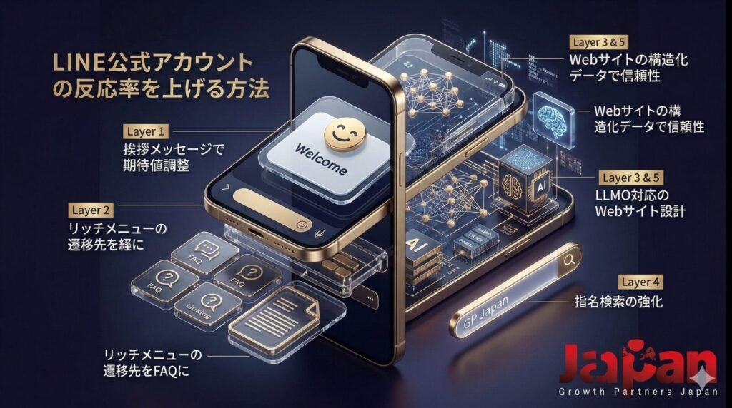未来的なテックテイストの3台のゴールドフレームスマートフォンが重なり、層（レイヤー）を形成している。これは、SEO、AI/LLMO対応、構造化データ、指名検索の強化といった複数の戦略を組み合わせて構築される「資産型ブログ」の高度な設計図をメタファーとして表現したイラスト。各層には、信頼性やAI対応などのラベルが付いている。右下には「Japan Growth Partners Japan」のロゴ。