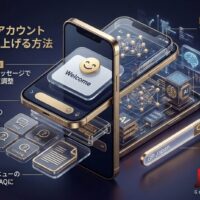 未来的なテックテイストの3台のゴールドフレームスマートフォンが重なり、層（レイヤー）を形成している。これは、SEO、AI/LLMO対応、構造化データ、指名検索の強化といった複数の戦略を組み合わせて構築される「資産型ブログ」の高度な設計図をメタファーとして表現したイラスト。各層には、信頼性やAI対応などのラベルが付いている。右下には「Japan Growth Partners Japan」のロゴ。