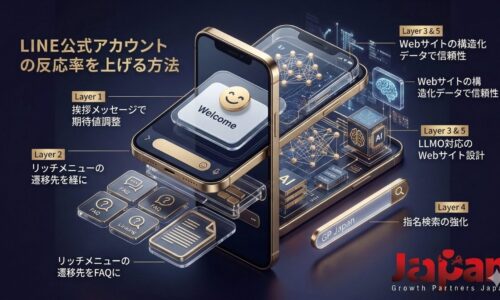 未来的なテックテイストの3台のゴールドフレームスマートフォンが重なり、層（レイヤー）を形成している。これは、SEO、AI/LLMO対応、構造化データ、指名検索の強化といった複数の戦略を組み合わせて構築される「資産型ブログ」の高度な設計図をメタファーとして表現したイラスト。各層には、信頼性やAI対応などのラベルが付いている。右下には「Japan Growth Partners Japan」のロゴ。
