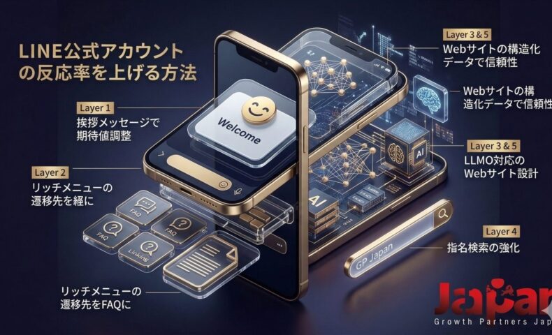 未来的なテックテイストの3台のゴールドフレームスマートフォンが重なり、層（レイヤー）を形成している。これは、SEO、AI/LLMO対応、構造化データ、指名検索の強化といった複数の戦略を組み合わせて構築される「資産型ブログ」の高度な設計図をメタファーとして表現したイラスト。各層には、信頼性やAI対応などのラベルが付いている。右下には「Japan Growth Partners Japan」のロゴ。