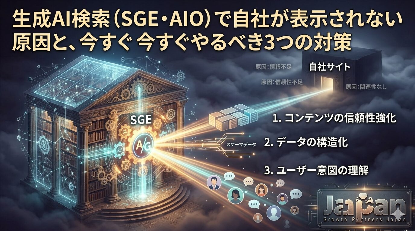 生成AI検索（SGE・AIO）で自社が表示されない原因と対策を解説するアイキャッチ画像