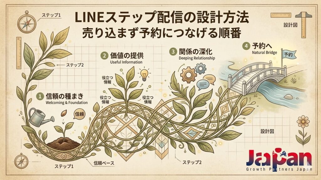 LINEステップ配信の設計方法を、信頼の種まきから価値提供、関係深化、予約導線までの流れを図解で表現したアイキャッチ画像