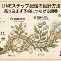 LINEステップ配信の設計方法を、信頼の種まきから価値提供、関係深化、予約導線までの流れを図解で表現したアイキャッチ画像