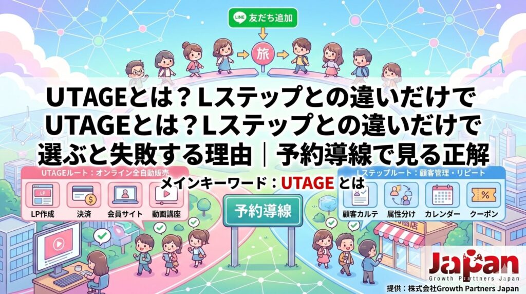 UTAGEとは何かを、予約導線を軸にLステップとの役割の違い、オンライン販売機能と顧客管理機能の比較で表現したアイキャッチ画像