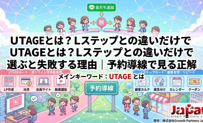 UTAGEとは何かを、予約導線を軸にLステップとの役割の違い、オンライン販売機能と顧客管理機能の比較で表現したアイキャッチ画像