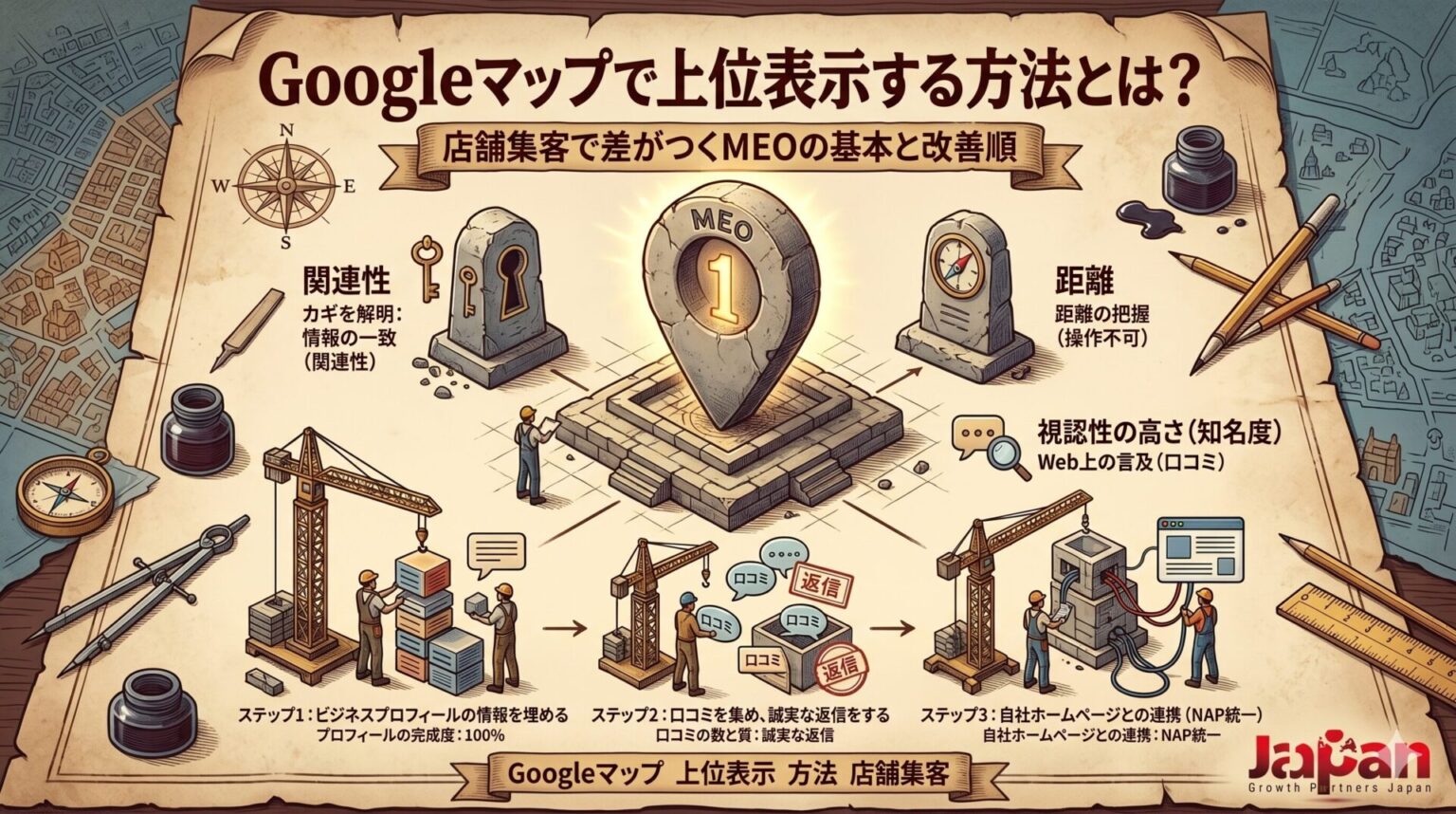 「Googleマップで上位表示する方法とは？」記事のアイキャッチ画像。宝の地図を背景に、上位表示の鍵となる3つの評価基準（関連性、距離、視認性の高さ）と、店舗集客を成功に導くMEO改善の3ステップ（プロフィールの充実、口コミ返信、NAP情報の統一）を、足場を組んで構築していく建設作業に見立てて表現した図解。