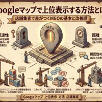 「Googleマップで上位表示する方法とは？」記事のアイキャッチ画像。宝の地図を背景に、上位表示の鍵となる3つの評価基準（関連性、距離、視認性の高さ）と、店舗集客を成功に導くMEO改善の3ステップ（プロフィールの充実、口コミ返信、NAP情報の統一）を、足場を組んで構築していく建設作業に見立てて表現した図解。