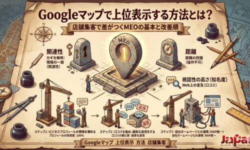 「Googleマップで上位表示する方法とは?」記事のアイキャッチ画像。宝の地図を背景に、上位表示の鍵となる3つの評価基準(関連性、距離、視認性の高さ)と、店舗集客を成功に導くMEO改善の3ステップ(プロフィールの充実、口コミ返信、NAP情報の統一)を、足場を組んで構築していく建設作業に見立てて表現した図解。