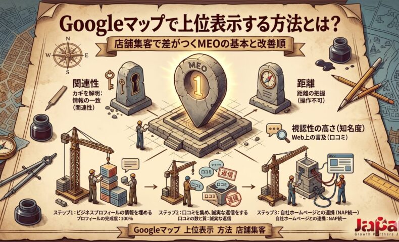 「Googleマップで上位表示する方法とは？」記事のアイキャッチ画像。宝の地図を背景に、上位表示の鍵となる3つの評価基準（関連性、距離、視認性の高さ）と、店舗集客を成功に導くMEO改善の3ステップ（プロフィールの充実、口コミ返信、NAP情報の統一）を、足場を組んで構築していく建設作業に見立てて表現した図解。