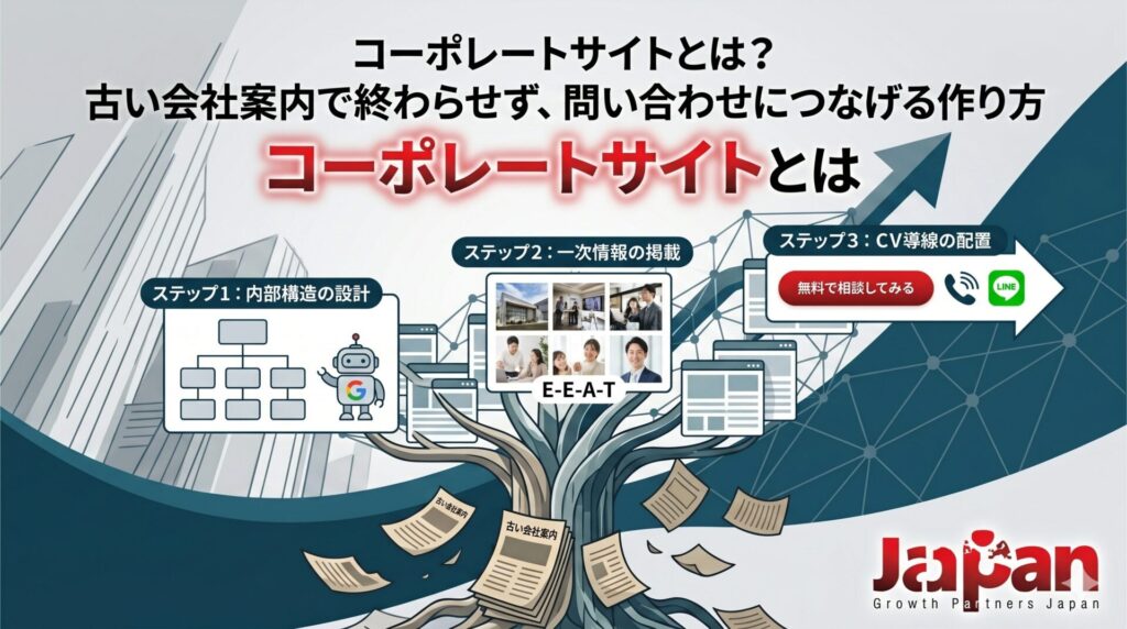 コーポレートサイトとは何かを解説するアイキャッチ画像。古い会社案内で終わらせず、内部構造の設計、一次情報の掲載、CV導線の配置によって問い合わせにつなげる作り方を示している。