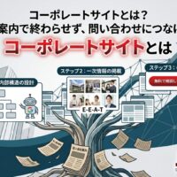 コーポレートサイトとは何かを解説するアイキャッチ画像。古い会社案内で終わらせず、内部構造の設計、一次情報の掲載、CV導線の配置によって問い合わせにつなげる作り方を示している。