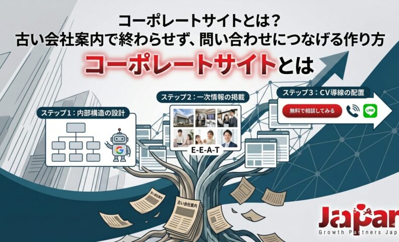 コーポレートサイトとは何かを解説するアイキャッチ画像。古い会社案内で終わらせず、内部構造の設計、一次情報の掲載、CV導線の配置によって問い合わせにつなげる作り方を示している。