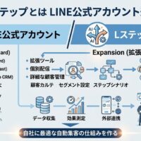 Lステップとは何かを、LINE公式アカウントとの違い、一斉配信と個別配信、顧客管理や自動教育シナリオの差で比較したアイキャッチ画像