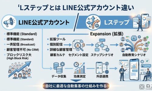 Lステップとは何かを、LINE公式アカウントとの違い、一斉配信と個別配信、顧客管理や自動教育シナリオの差で比較したアイキャッチ画像