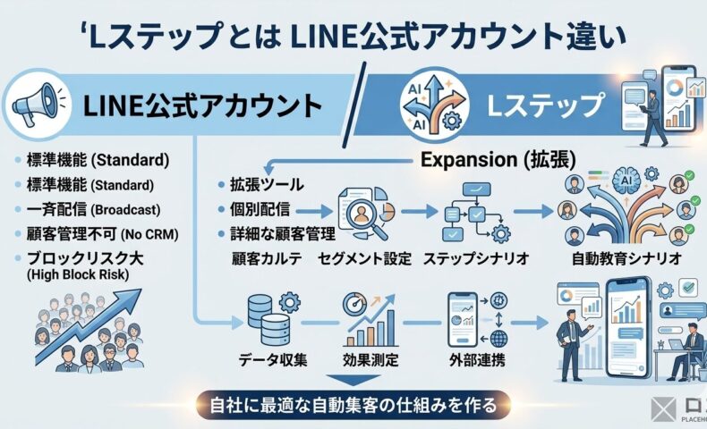 Lステップとは何かを、LINE公式アカウントとの違い、一斉配信と個別配信、顧客管理や自動教育シナリオの差で比較したアイキャッチ画像