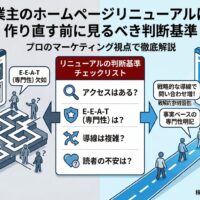 「個人事業主のホームページリニューアルは必要？作り直す前に見るべき判断基準」記事のアイキャッチ画像。E-E-A-T欠如や複雑な導線によってユーザーが迷う「迷路のような現状」から、プロのマーケティング視点によるチェックリスト（アクセス、専門性、導線、不安）での判断を経て、戦略的導線設計によって「問い合わせが増える真っ直ぐな道」へと改善する様子を比較した図解。