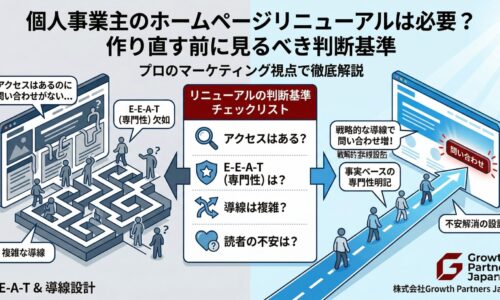 「個人事業主のホームページリニューアルは必要?作り直す前に見るべき判断基準」記事のアイキャッチ画像。E-E-A-T欠如や複雑な導線によってユーザーが迷う「迷路のような現状」から、プロのマーケティング視点によるチェックリスト(アクセス、専門性、導線、不安)での判断を経て、戦略的導線設計によって「問い合わせが増える真っ直ぐな道」へと改善する様子を比較した図解。