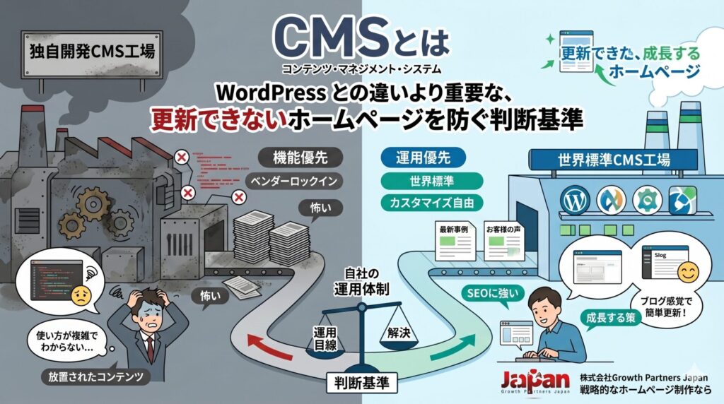 CMSとは何かを、独自開発CMSで更新が止まるホームページと、WordPressなど世界標準CMSで成長するホームページの違いで表現したアイキャッチ画像