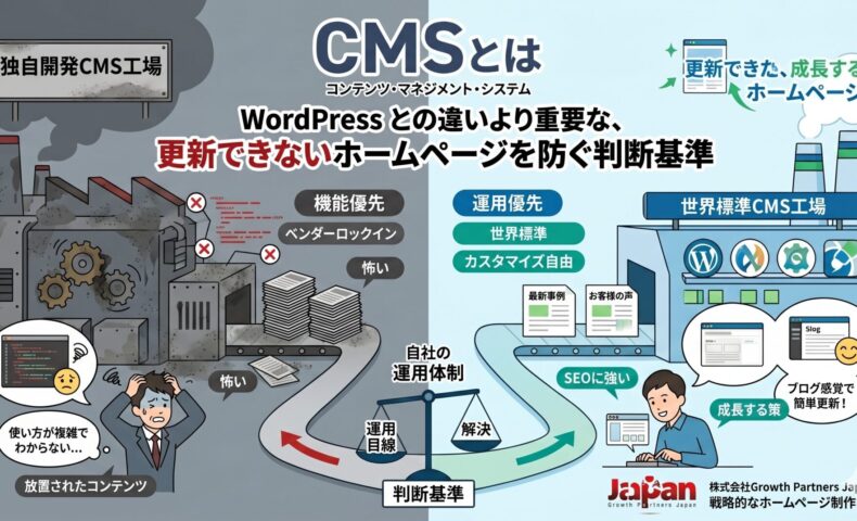CMSとは何かを、独自開発CMSで更新が止まるホームページと、WordPressなど世界標準CMSで成長するホームページの違いで表現したアイキャッチ画像