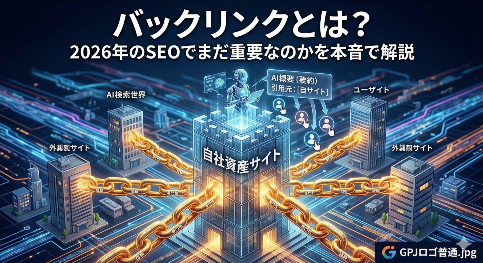 バックリンクとは何かをSEOの観点から図解：外部サイトからのリンクが「信頼と専門性の鎖」となり、AI検索での引用や自社資産サイトの評価向上に繋がる仕組み