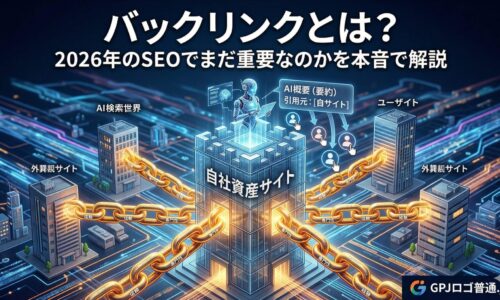 バックリンクとは何かをSEOの観点から図解：外部サイトからのリンクが「信頼と専門性の鎖」となり、AI検索での引用や自社資産サイトの評価向上に繋がる仕組み