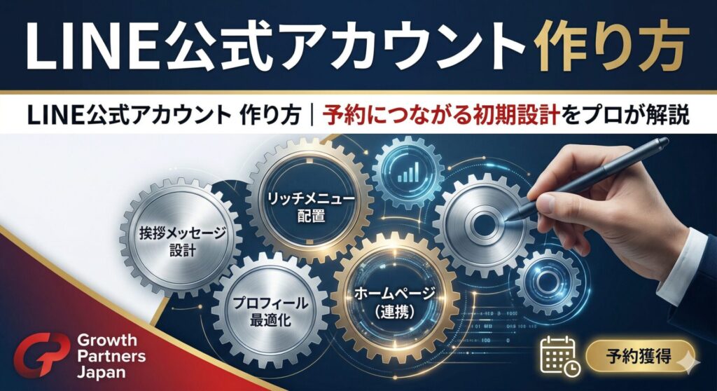 「LINE公式アカウント 作り方」記事のアイキャッチ画像。挨拶メッセージ設計、リッチメニュー配置、プロフィール最適化、ホームページ連携という4つの歯車が噛み合い、予約獲得へと繋がる初期設計の仕組みを表現した図解。
