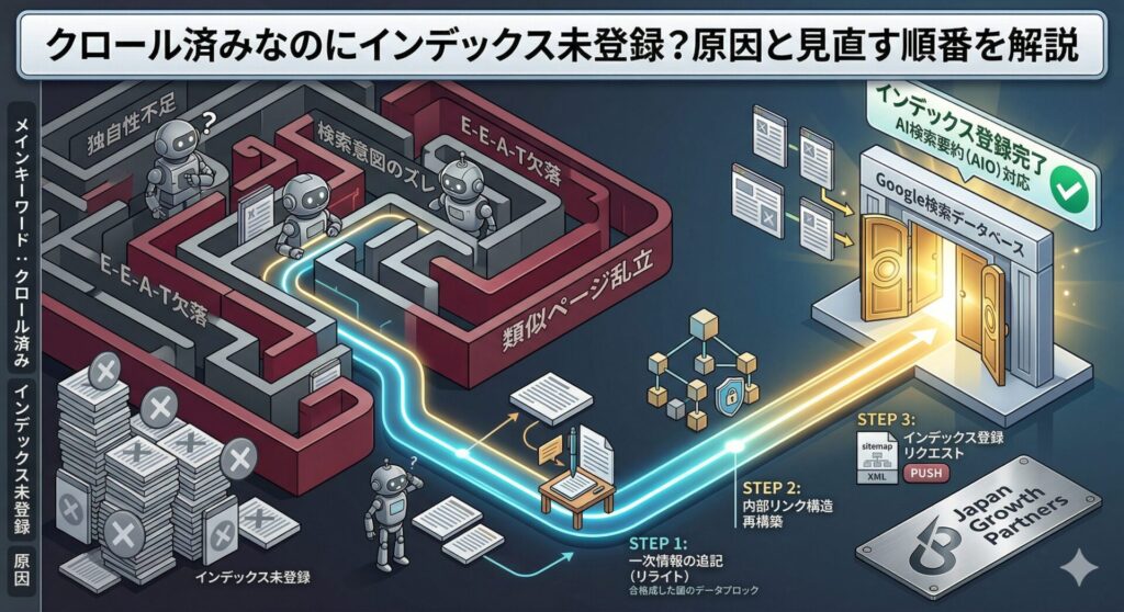クロール済みでインデックス未登録になる原因を図解：独自性不足やE-E-A-T欠落の迷路から抜け出し、リライトと内部リンク構築でインデックス登録を完了させるまでの手順