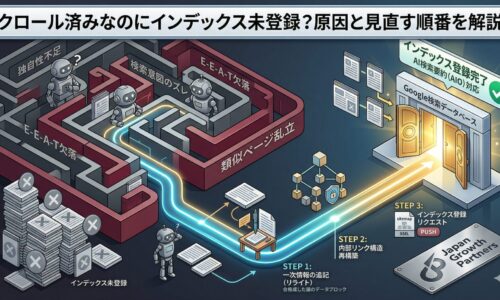 クロール済みでインデックス未登録になる原因を図解：独自性不足やE-E-A-T欠落の迷路から抜け出し、リライトと内部リンク構築でインデックス登録を完了させるまでの手順