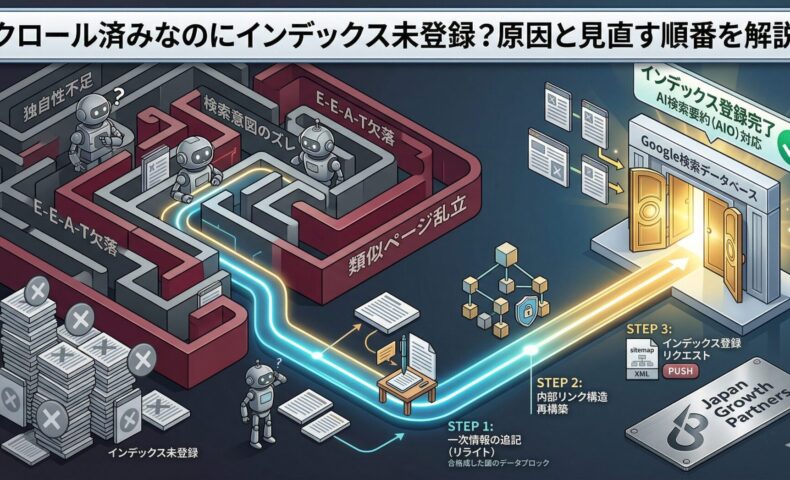 クロール済みでインデックス未登録になる原因を図解：独自性不足やE-E-A-T欠落の迷路から抜け出し、リライトと内部リンク構築でインデックス登録を完了させるまでの手順
