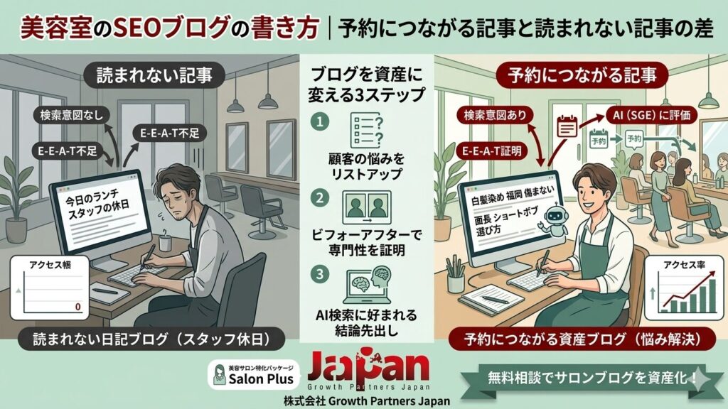 美容室のSEOブログの書き方を解説した比較図解。左側には「検索意図なし」「E-E-A-T不足」でアクセスが集まらないスタッフの休日などの「読まれない日記ブログ」、右側には「検索意図あり」「E-E-A-T証明」「AI（SGE）に評価」されアクセスと予約が伸びる「予約につながる資産ブログ（悩み解決）」を描写。中央にブログを資産に変える3ステップ（1.顧客の悩みをリストアップ、2.ビフォーアフターで専門性を証明、3.AI検索に好まれる結論先出し）を記載しています。