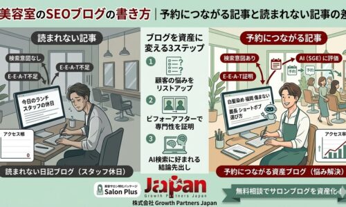 美容室のSEOブログの書き方を解説した比較図解。左側には「検索意図なし」「E-E-A-T不足」でアクセスが集まらないスタッフの休日などの「読まれない日記ブログ」、右側には「検索意図あり」「E-E-A-T証明」「AI（SGE）に評価」されアクセスと予約が伸びる「予約につながる資産ブログ（悩み解決）」を描写。中央にブログを資産に変える3ステップ（1.顧客の悩みをリストアップ、2.ビフォーアフターで専門性を証明、3.AI検索に好まれる結論先出し）を記載しています。