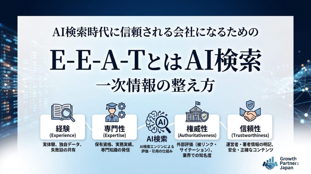 E-E-A-Tとは何かを、AI検索と一次情報の関係、経験・専門性・権威性・信頼性の4要素で整理したアイキャッチ画像