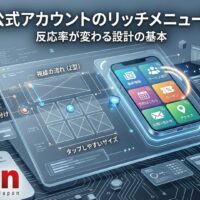 替テキスト ・タイトル ・キャプション ・説明 思考時間: 1 秒 ・代替テキスト LINE公式アカウントのリッチメニュー作り方を、スマホ画面上のメニュー配置とCTA設計・視線導線・タップしやすさの図解で表現したアイキャッチ画像