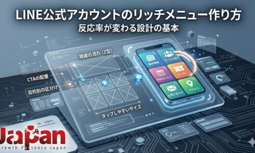 替テキスト ・タイトル ・キャプション ・説明 思考時間: 1 秒 ・代替テキスト LINE公式アカウントのリッチメニュー作り方を、スマホ画面上のメニュー配置とCTA設計・視線導線・タップしやすさの図解で表現したアイキャッチ画像