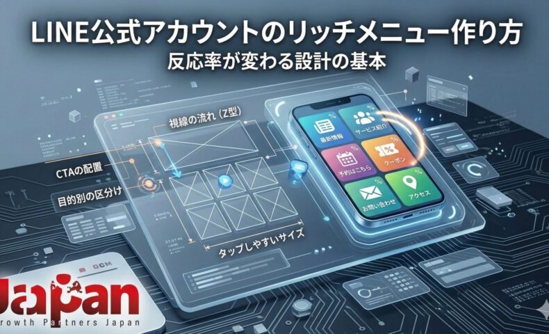 替テキスト ・タイトル ・キャプション ・説明 思考時間: 1 秒 ・代替テキスト LINE公式アカウントのリッチメニュー作り方を、スマホ画面上のメニュー配置とCTA設計・視線導線・タップしやすさの図解で表現したアイキャッチ画像