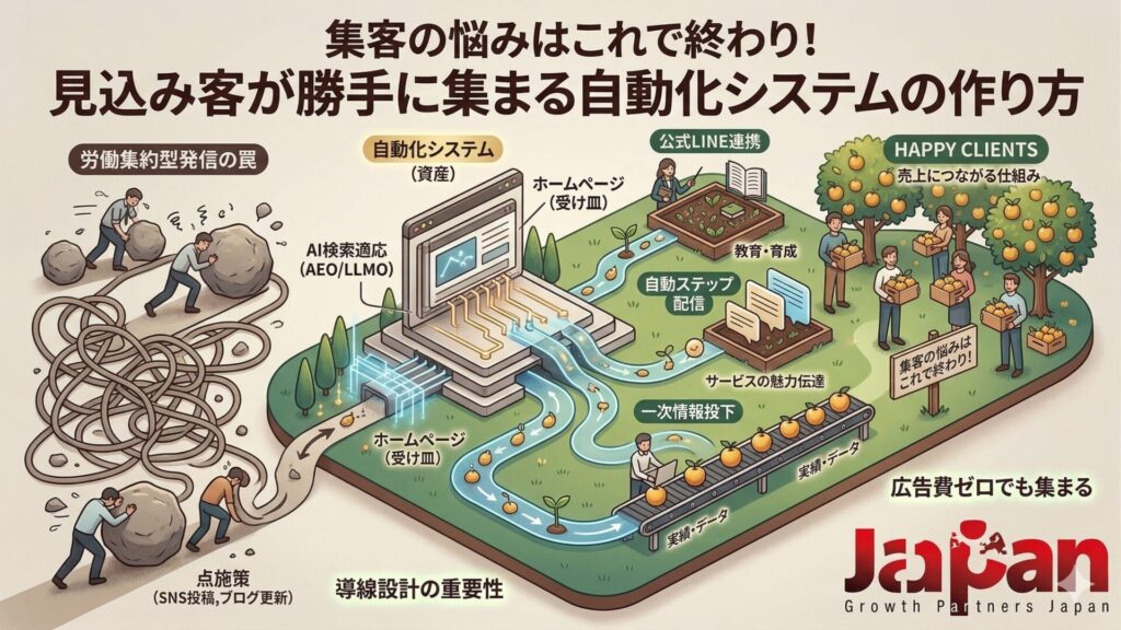 集客の悩みを解決する自動化システムの全体像。左側に岩を運ぶ労働集約型のSNS・ブログ運用、中央にホームページとAI検索適応、右側に公式LINE連携による自動ステップ配信と売上に繋がる収穫の様子を描いたインフォグラフィック。