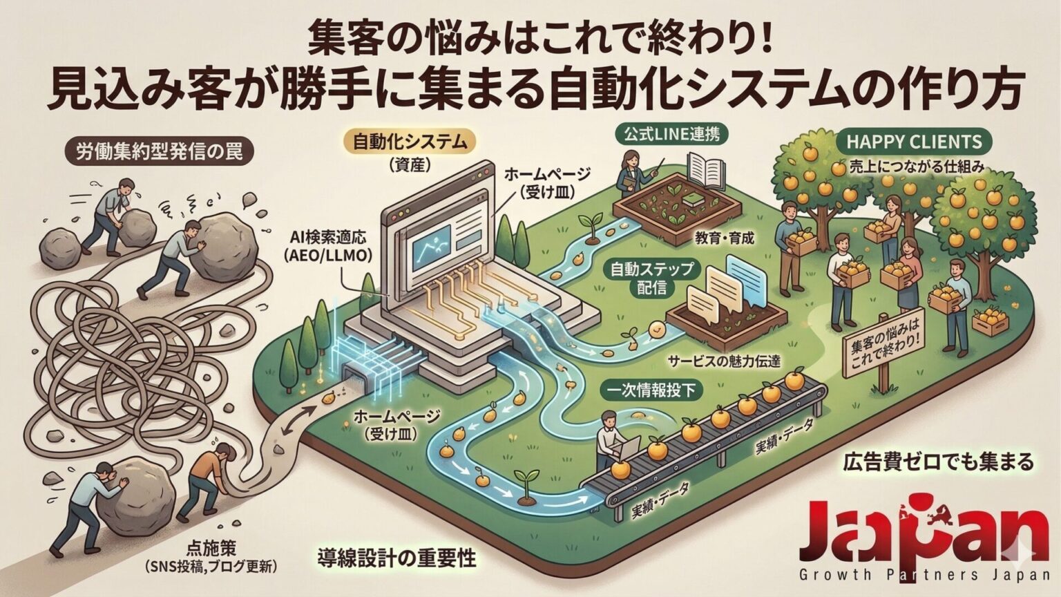 集客の悩みを解決する自動化システムの全体像。左側に岩を運ぶ労働集約型のSNS・ブログ運用、中央にホームページとAI検索適応、右側に公式LINE連携による自動ステップ配信と売上に繋がる収穫の様子を描いたインフォグラフィック。