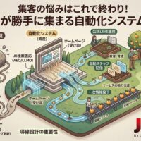 集客の悩みを解決する自動化システムの全体像。左側に岩を運ぶ労働集約型のSNS・ブログ運用、中央にホームページとAI検索適応、右側に公式LINE連携による自動ステップ配信と売上に繋がる収穫の様子を描いたインフォグラフィック。