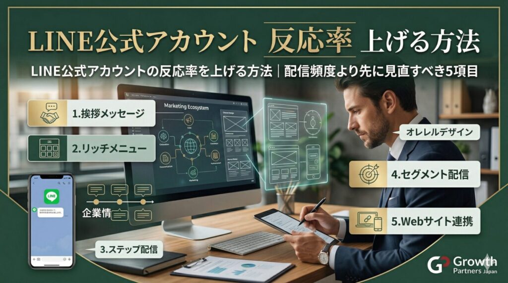 LINE公式アカウントの反応率を上げるために、配信頻度よりも先に見直すべき5つの重要項目（1.挨拶メッセージ、2.リッチメニュー、3.ステップ配信、4.セグメント配信、5.Webサイト連携）をまとめたチェックリスト図解。デスクでタブレットやPCを操作する男性ビジネスパーソン。