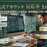 LINE公式アカウントの反応率を上げるために、配信頻度よりも先に見直すべき5つの重要項目（1.挨拶メッセージ、2.リッチメニュー、3.ステップ配信、4.セグメント配信、5.Webサイト連携）をまとめたチェックリスト図解。デスクでタブレットやPCを操作する男性ビジネスパーソン。