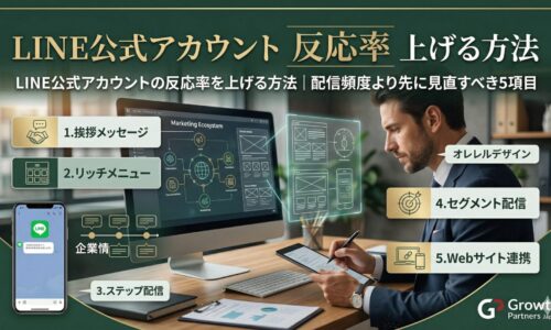 LINE公式アカウントの反応率を上げるために、配信頻度よりも先に見直すべき5つの重要項目（1.挨拶メッセージ、2.リッチメニュー、3.ステップ配信、4.セグメント配信、5.Webサイト連携）をまとめたチェックリスト図解。デスクでタブレットやPCを操作する男性ビジネスパーソン。
